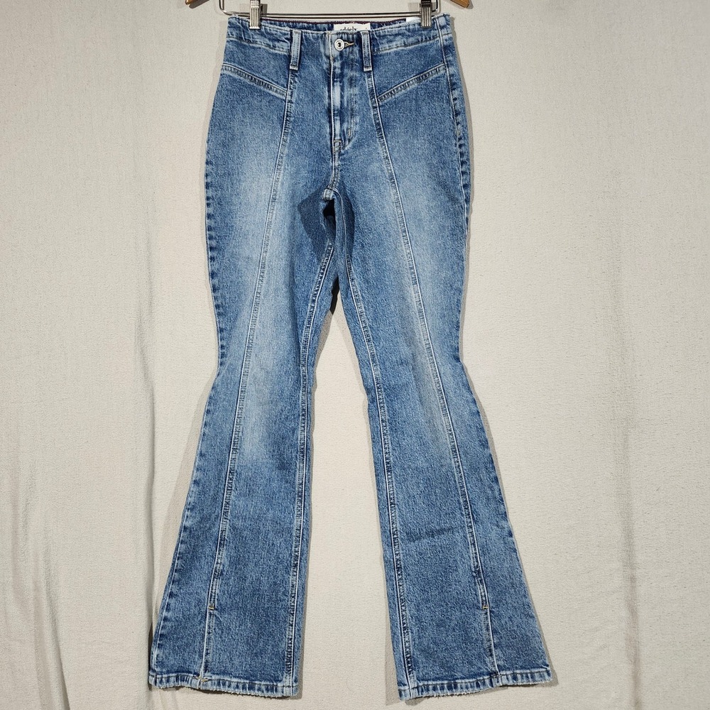 Edgely Womens High Rise Flare Jeans Medium Wash Front Seam Slit Hem Size 6 REG